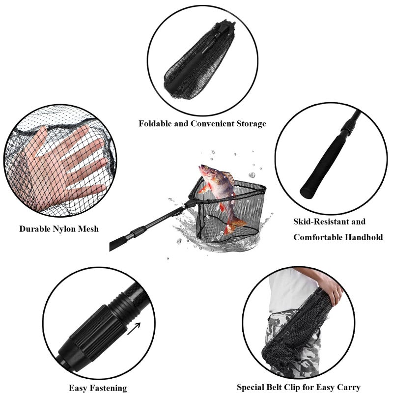 PLUSINNO Fishing Net Fish Floating Landing Net, Kayak Nets with Fixed Foldable Telescopic Pole Handle,Bass Trout Fishing Nets with Nylon Mesh for Pond Lake River,Fishing Gear Gifts for Men,Black 1.0M - Image 5